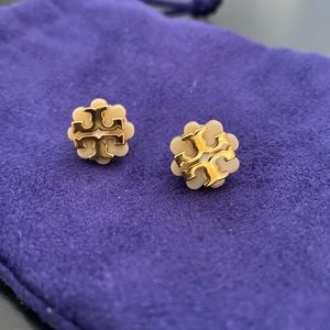 Tory Burch Logo Stud Earrings w/ Navy Dust Bag